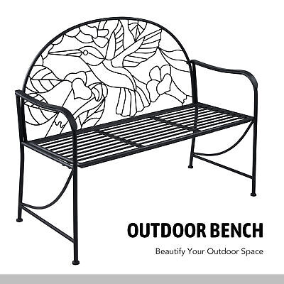 Patio Bench with Bird Pattern 54 Inch Metal Outdoor Bench with Backrest Armrests