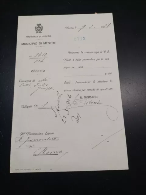 Municipio Di Mestre - Documento 1926 - Firma Sindaco