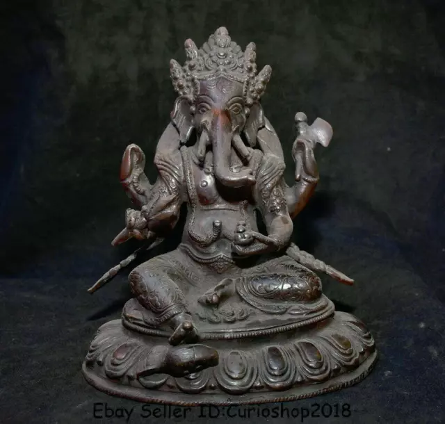 9.2" Old Tibet Red Bronze 4 Arms Ganesh Lord Ganesha Elephant God Buddha Statue