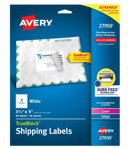 Avery Shipping Labels, White, 3.5" x 5", Laser/Inkjet, 40 Labels (27950)