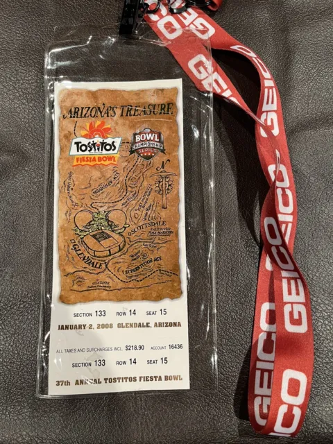 2008 Annual Tostitos Fiesta Bowl Ticket Stub w/holder and lanyard