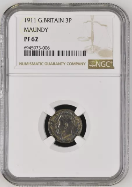 NGC GRADED PF 62 Rare George V 1911 Proof Silver Maundy Threepence 3d .
