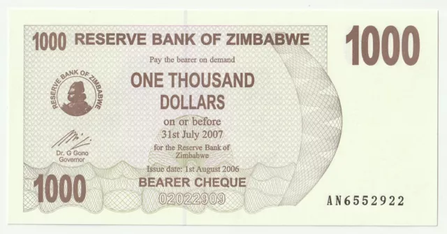 ZIMBABWE 1000 Dollars 2006 UNC, P-44