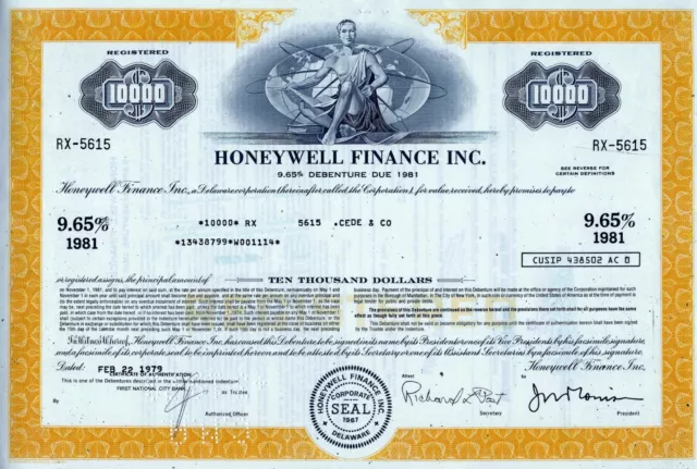 Honeywell Finance Inc. 1979,  9,65% Debenture due 1981 (10.000 $)