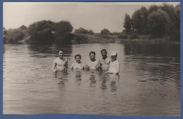 Guys in trunks with naked torso with a girl bathing Soviet Vintage Photo USSR