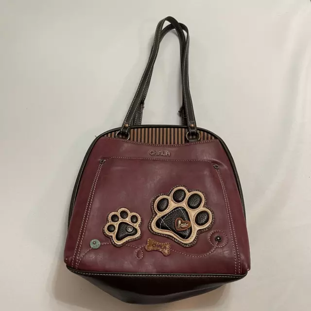 Chala Convertible Backpack Purse Tote Bag Paw Print Burgundy
