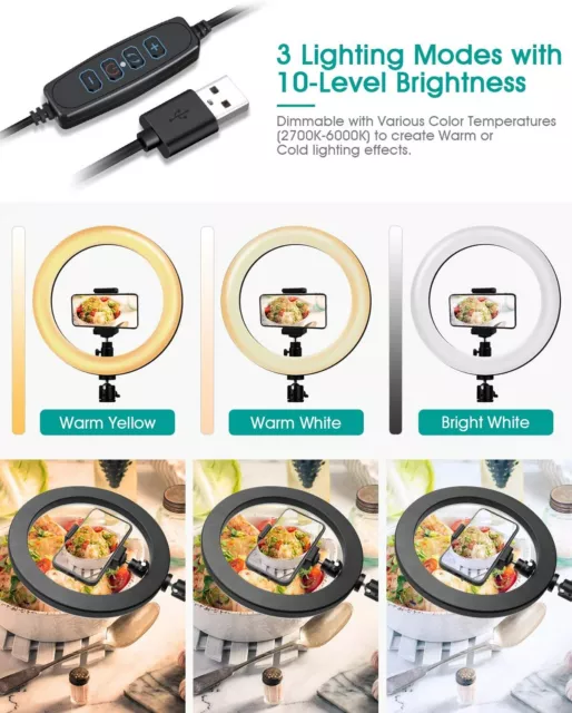 10" Selfie Ring Light with Tripod & Cell Phone Holder,Dimmable Desktop Ringlight 3