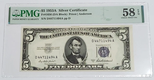 1953 A $5 Dollar Silver Certificate Fr# 1656 (DA Block) PMG 58 EPQ