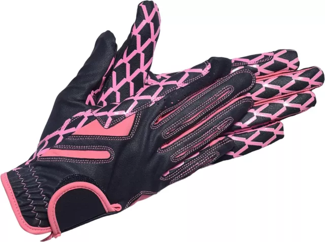 Riders Trend Damen Handschuhe Reithandschuhee Pferd, schwarz/rosa, L, 9 cm