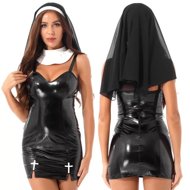 Womens Sexy Nun Uniform Set with Headscarf Halloween Cosplay Fancy Dress Costume