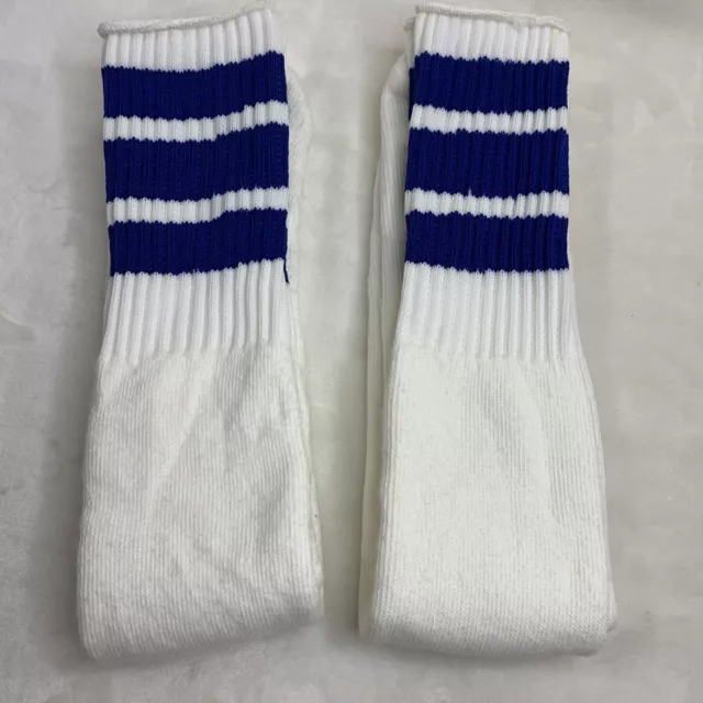 Vintage 70s 80s White Blue Triple Striped Tube Socks Stripes 2 Pair Lot