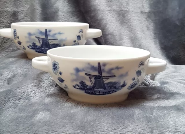 Vintage Delft Blue & White Soup Bowls X2 Hand Decorated Windmill Made In Holland