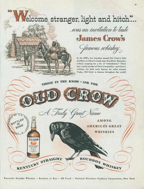 1948 Old Crow Bourbon Whiskey Trapper Traveler Col Crow Vintage Print Ad C9