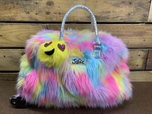 Justice Girls Fuzzy Rainbow Rolling Carry On Travel Book Bag Luggage