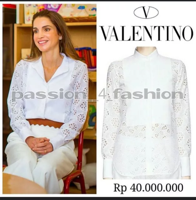 VALENTINO Luxury White Women's Italian Lace Eyelet Long Sleeve Blouse Shirt EUC