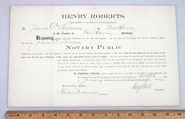 1906 Notary Public Certificate Connecticut Governor Henry Roberts Autograph