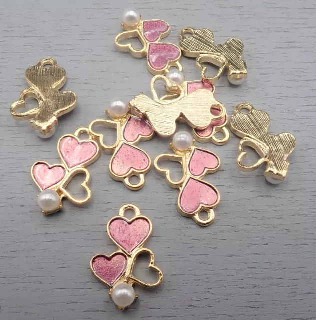 19x13mm Charm Anhänger 2 Herzen rosa Emaille vergoldet 1-10 Stück SB 1147