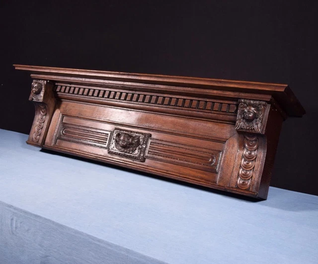 *55" French Antique Highly Carved Mantel/Pediment Oak Wood Crest With Angels