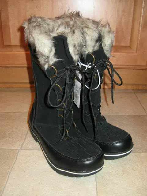 NEW Womens Merona Neida Black Leather Faux Fur Trimmed Winter Boots Size 6 2