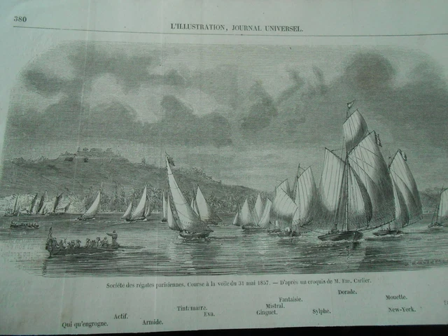 Gravure 1857 - Régates Parisiennes Cours à la voile