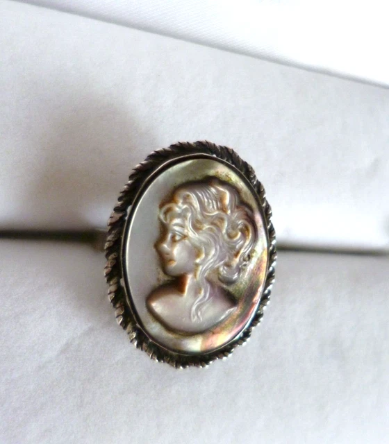 Bague Ancienne En Argent Massif Avec Nacre - Modèle E74 - Bijou Vintage