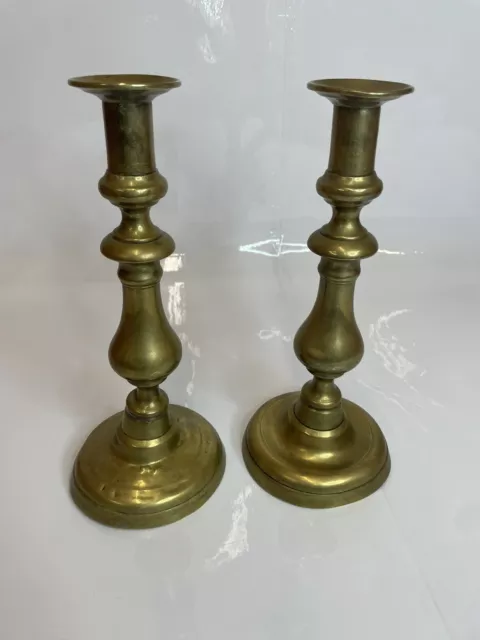 Set of 2 Antique / Vintage large solid Brass Candlesticks / apron 11” Tall.