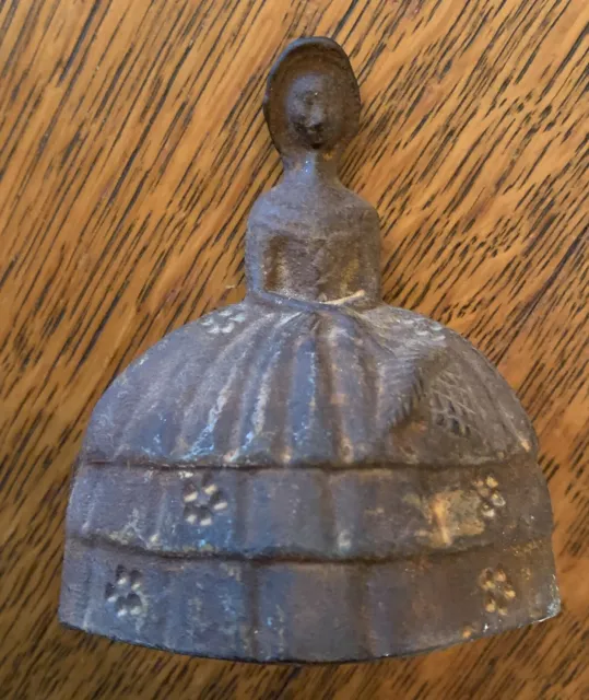 Ornate solid cast brass church sanctuary bell 4" colonial girl in dress bonnet