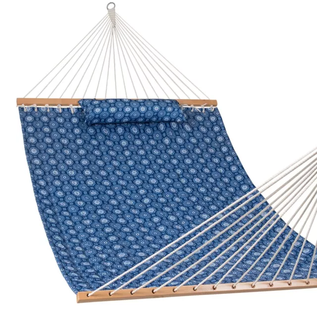 Quilted Fabric Hammock with Pillow Double Size Spreader Bar Blue without Stand