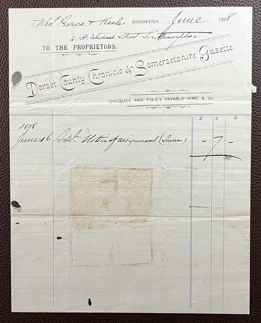 1898 Dorset County Chronicle & Somersetshire Gazette, Dorchester Invoice