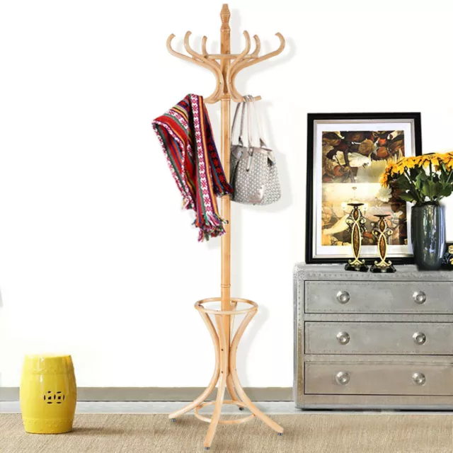 Costway Wood Standing Hat Coat Rack Jacket Bag Hanger Tree 12 Hooks Oak Color