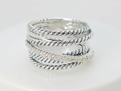 David Yurman Sterling Silver 925 Crossover Wide Cable Pave Diamond Ring Size 7