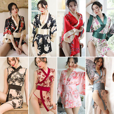 Lady Japanese Kimono Sexy Lingerie Floral Bathrobe Nightdress Costume Cosplay