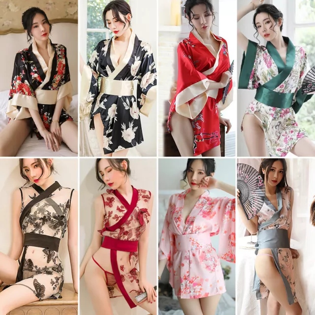 Sexy Japanese Kimono Lingerie Floral Silky Bathrobe Nightdress Costume Cosplay