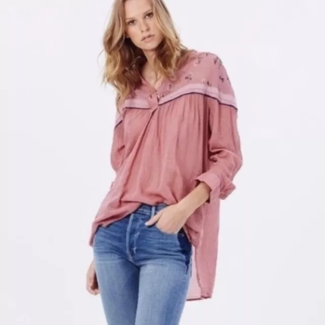 Free People Womens XS Pink Top Blouse Hearts Colors Long Sleeve Oversize Tunic
