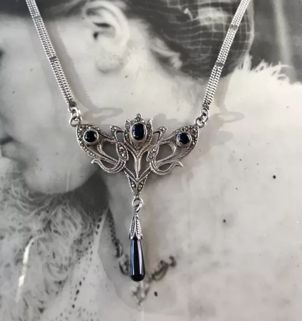 Antik Edel Jugendstil Art Déco 925 Silber Collier Halskette mit Onyx & Markasite