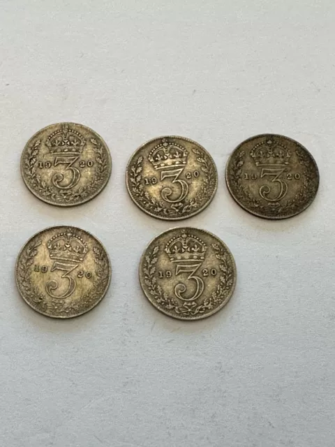 Five 1920 George V Silver 3d Three Pence Coins