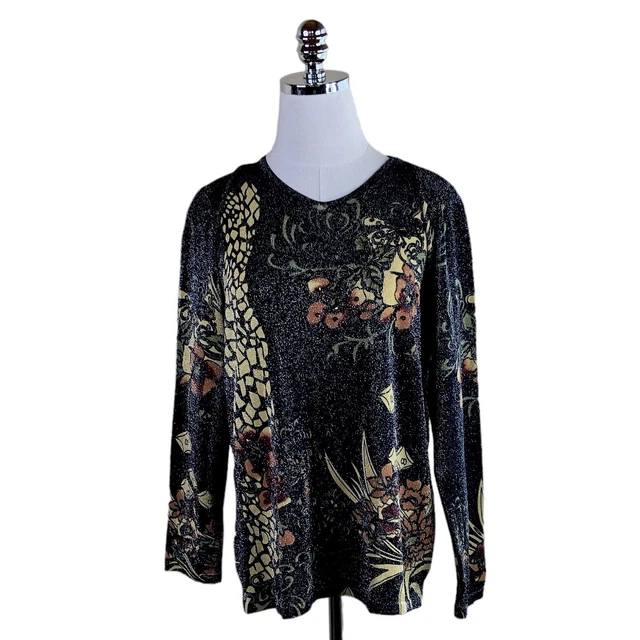 Magic Scarf Top XL Black Gold Bronze Sparkle Metallic Beads Sequins Pullover