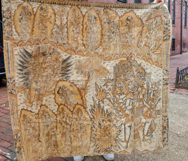Antique Rare Large Balinese Indonesian Wayang Painting On Cloth Signed 19Th Ctry