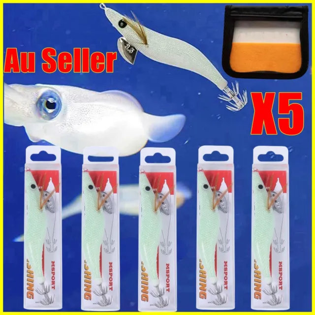 5x White Size 3.0 Squid Jig Lure EGI Glow Tail Tackle Calamari Jig Fishing Lures