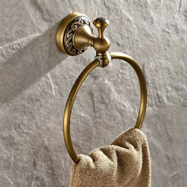 Antique Brass Art Carved Bathroom Bath Towel Ring Towel Rack Holder
