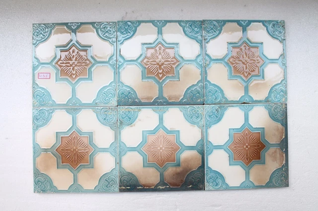 6 Pc Antique Old Flower Engraved Nouveau Art Majolica Ceramic Tiles Japan NH3135