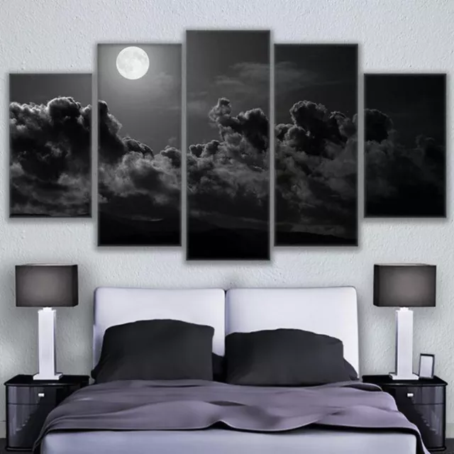 Clouds Full Moon Rising At Night Poster 5 Panel Canvas Print Wall Art Home Decor