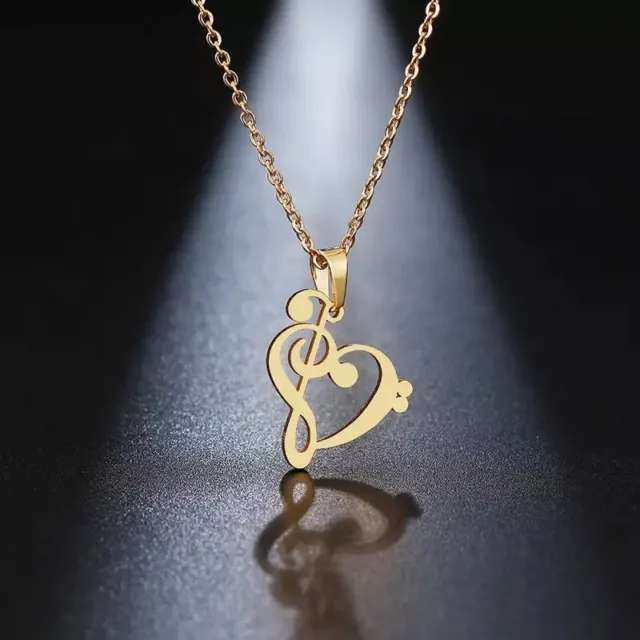 Musical Notes Heart Necklace, Treble Clef, Bass Clef , Musician Jewelry, Gold