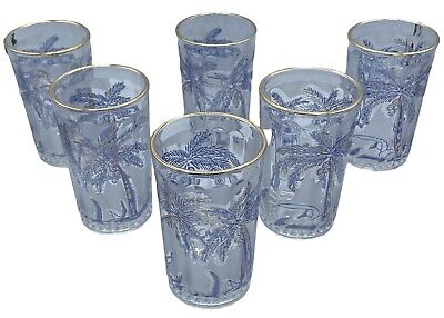 Set of 6 Etched Frosted Blue & Gold Palm Tree Gold Rim Low Ball Glass 8 oz 2