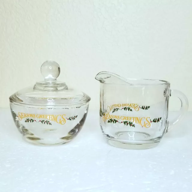 Anchor Hocking Christmas Cream & Sugar Set Seasons Greetings Festive Glassware