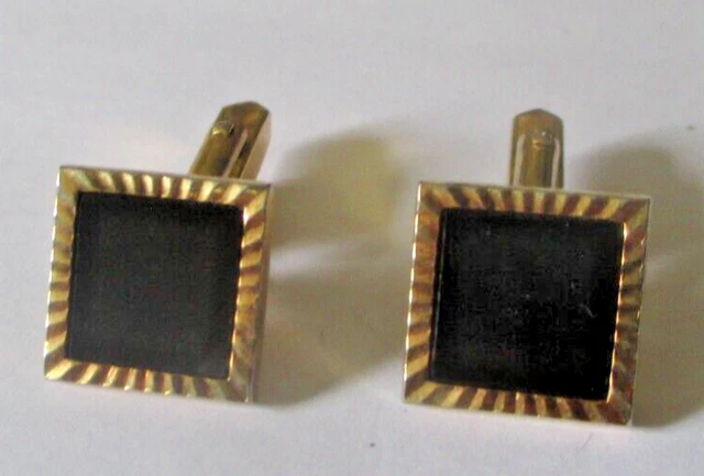 Boutons De Manchette Anciens Murat En Plaqué Or Avec Onyx Noir - Bijou Vintage, Patine D'usage