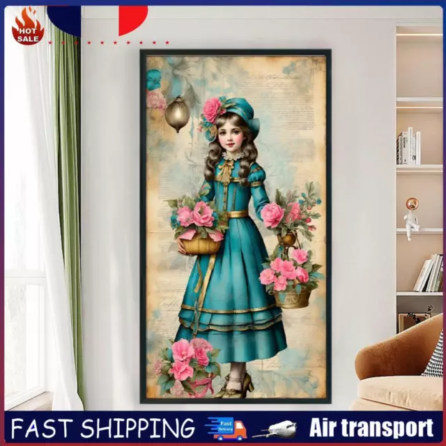 Full Embroidery Cotton Thread 14CT Printed Girl and Flower Cross Stitch 40x70cm