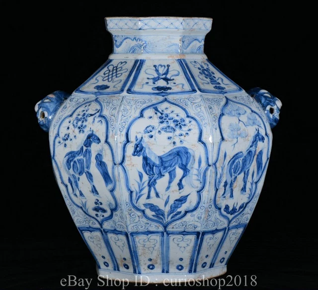 17.2 " Antique Old China Blue White Porcelain Dynasty Animal Horse Crock Pot Jar