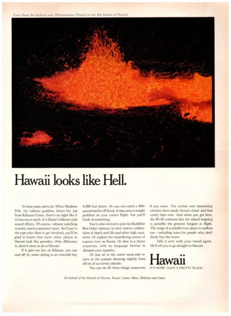 1971 Visit Hawaii Print Ad, Halemaumau Fire Pit Pele Hell Volcano Kilauea Crater