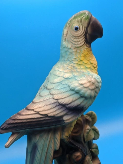 Vintage handbemalt blau gelb Keramik Papagei Budgie Sittich Figur Japan